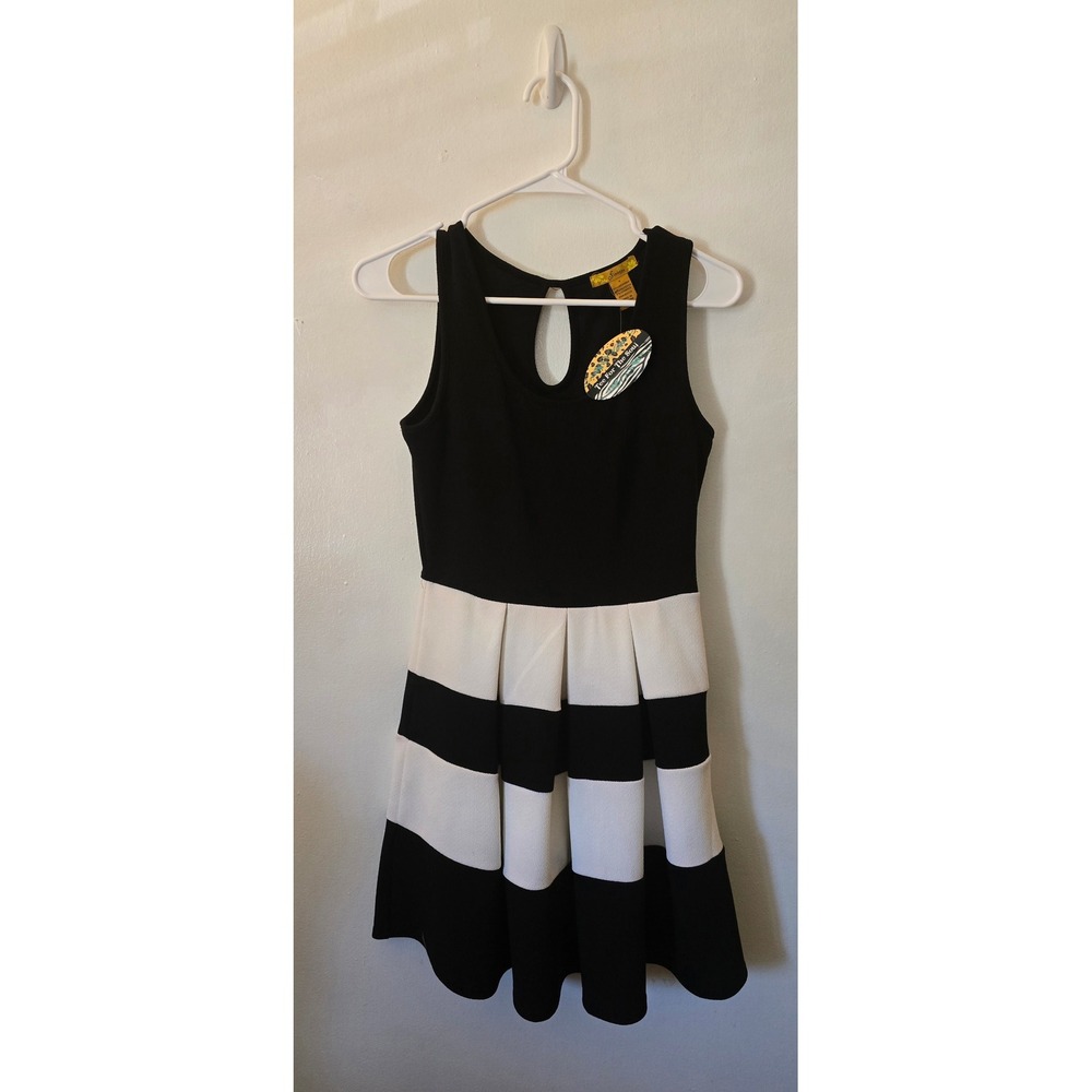 Finesse Woman Black White Striped Fit Flare Dress Size S Sleeveless Keyhole Back